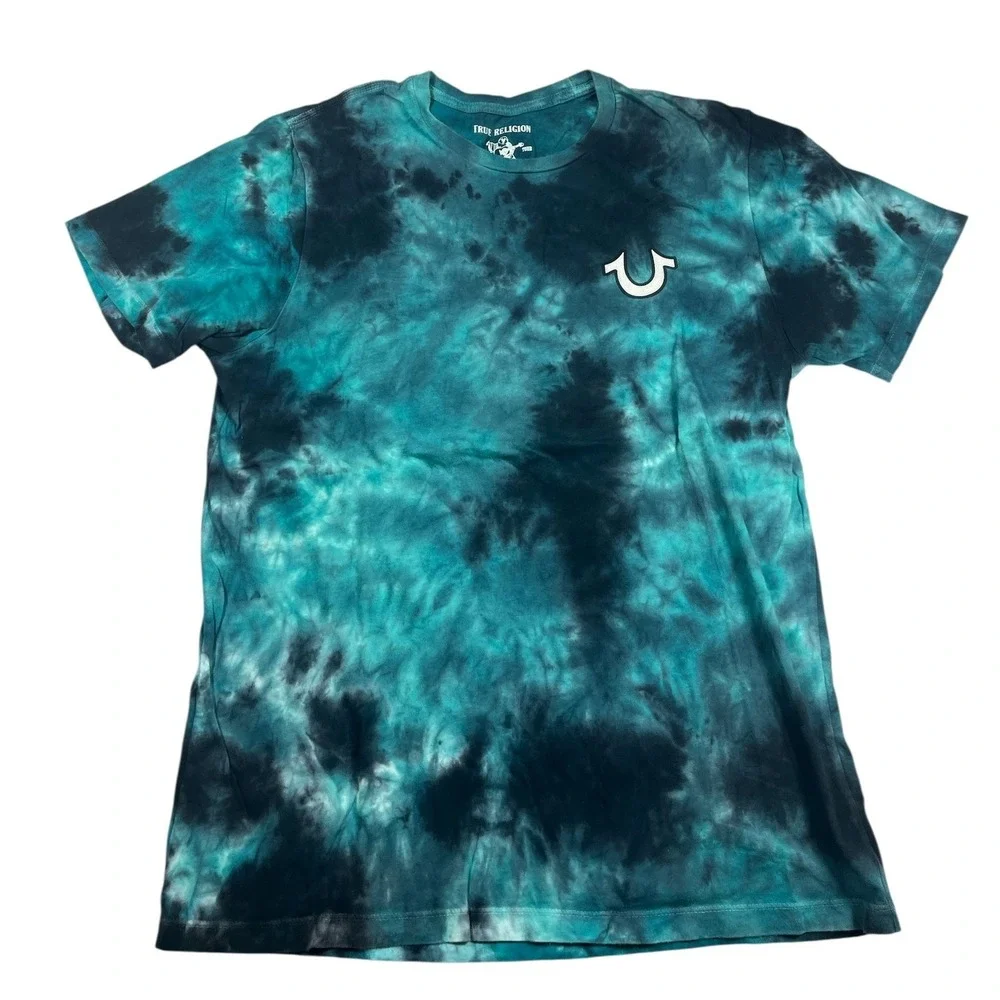 True Religion Teal Tie Dye T-Shirt Buddha Graphic Logo‎ Mens Medium